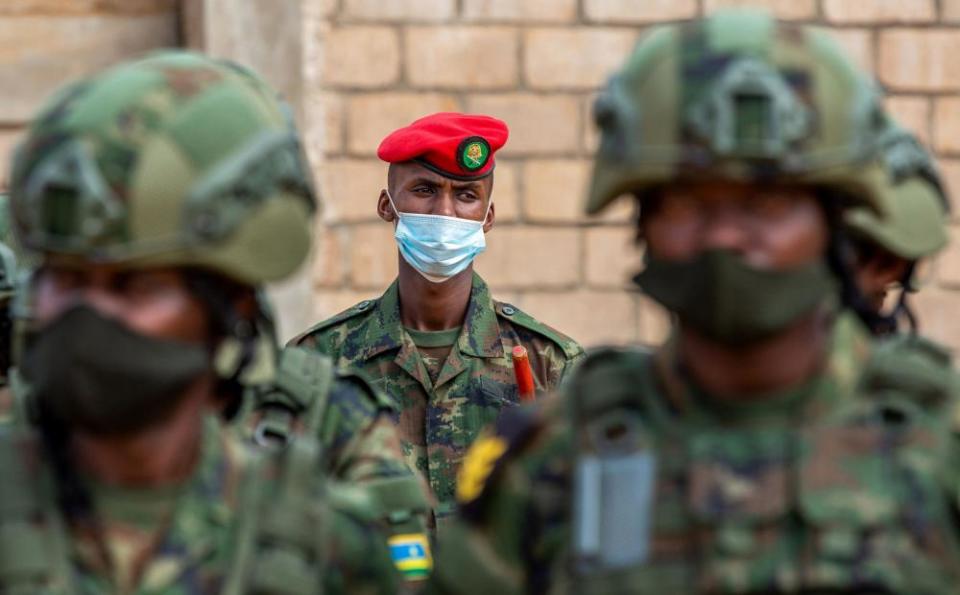 Rwandan military troops depart for Mozambique, at the Kigali International Airport, Rwanda.