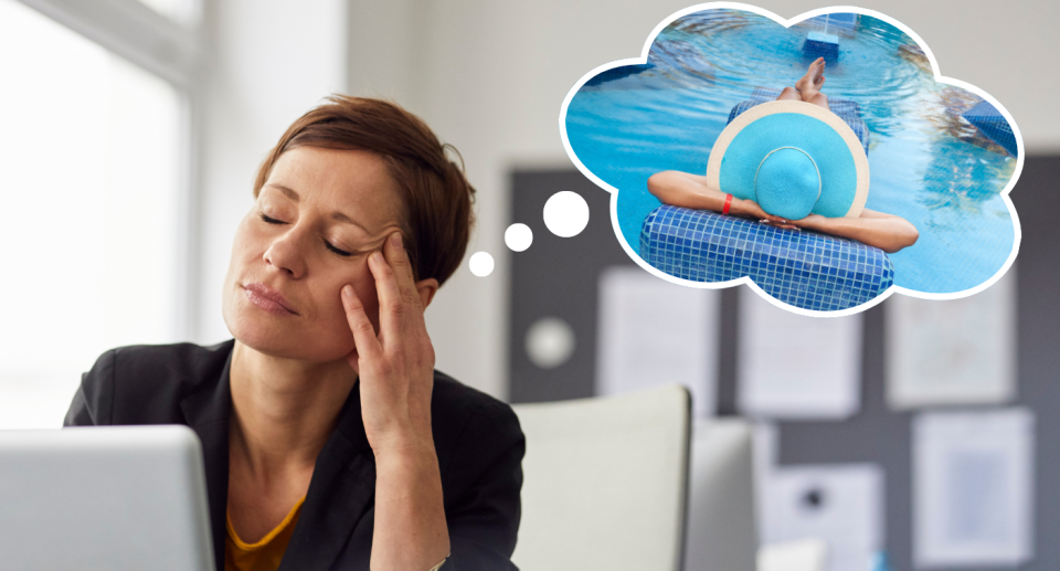 Annual leave dream represented with woman sitting at desk and a dream bubble with a person by a pool with lets up and sun hat on.