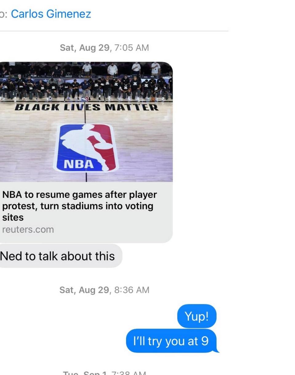 An Aug. 29, 2020 text message between Miami-Dade Mayor Carlos Gimenez and Christina White, the county’s Elections Supervisor and an Gimenez appointee, days before the county turned down the Miami Heat’s offer to bring early voting to the AmericanAirlines Arena.