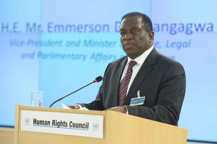 <span class="caption">Emmerson Mnangagwa.</span> <span class="attribution"><a class="link " href="https://www.flickr.com/photos/unisgeneva/25388472376/in/photolist-kJ5p9s-kJ3jK2-EajFUe-EFuyjm-CcmYYo" rel="nofollow noopener" target="_blank" data-ylk="slk:UN Geneva via Flickr;elm:context_link;itc:0;sec:content-canvas">UN Geneva via Flickr</a>, <a class="link " href="http://creativecommons.org/licenses/by-nc-nd/4.0/" rel="nofollow noopener" target="_blank" data-ylk="slk:CC BY-NC-ND;elm:context_link;itc:0;sec:content-canvas">CC BY-NC-ND</a></span>