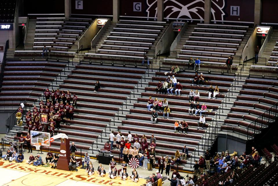 Scenes from a Missouri State men's basketball crowd when the Bears played Indiana State on Feb. 10, 2024. The announced attendance was 3,517 which ranked among the top crowds of the 2023-24 season.