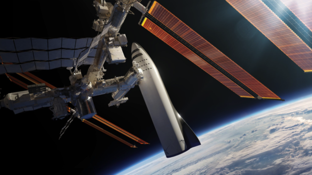 An artist’s conception shows SpaceX’s BFR super-rocket docked to the International Space Station. (SpaceX Illustration)