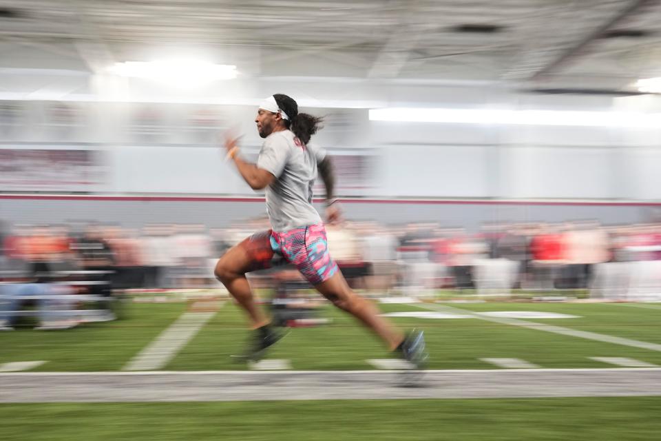 Mar 20, 2024; Columbus, Ohio, USA; Ohio State Buckeyes linebacker Steele Chambers runs the 40 during Pro Day at the Woody Hayes Athletic Center.