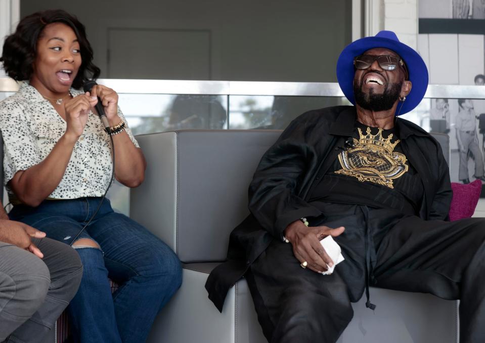 (L to R) Zania Alake and Temptations singer Otis Williams have fun while he was answering her question during a round table discussion with her and other members of Hitsville Next at the Motown Museum in Detroit on Wednesday, October 4, 2023. Williams met with the thirteen artists and told stories about his singing career with the famed Motown group.