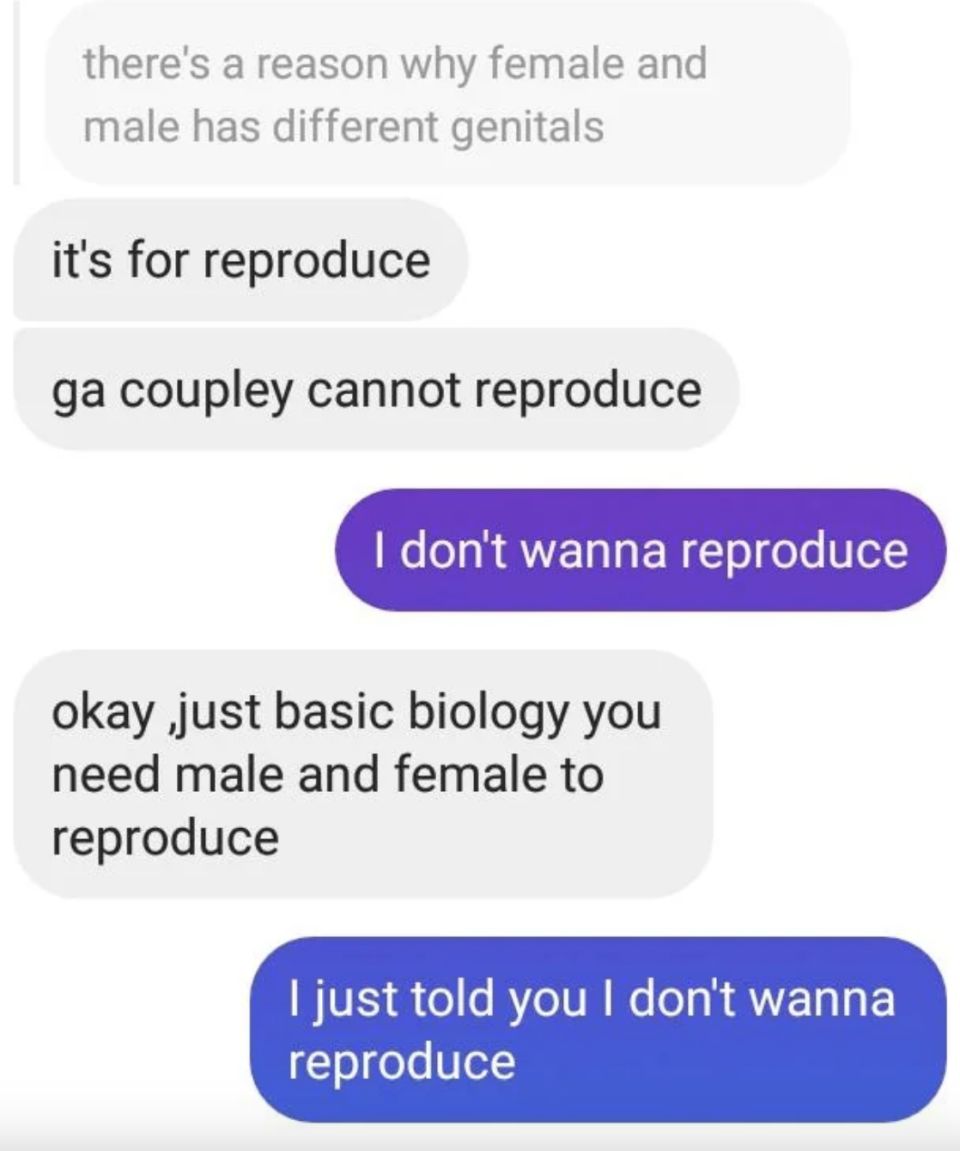 Man convincing woman that women are only "good for reproduction"