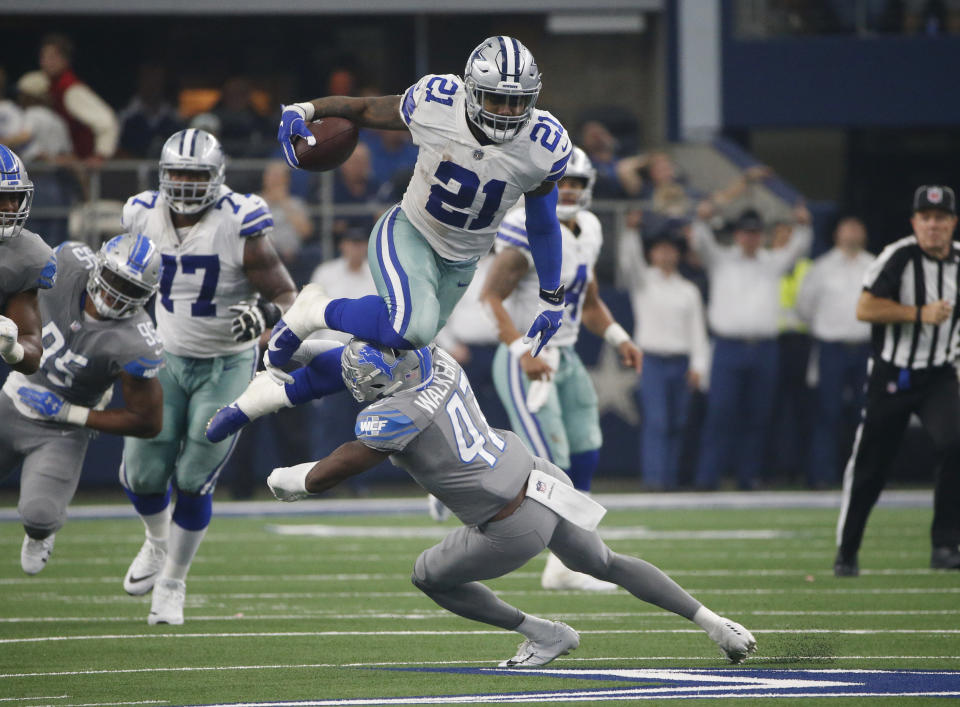 Ezekiel Elliott currently leads the NFL in rushing. However his biggest impact last week against the Lions might have come in the passing game, where he caught four passes for 88 yards and a TD. (AP)