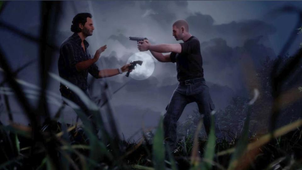 The walking Dead destinies video game trailer scene with Rick and Shane holding guns in a field