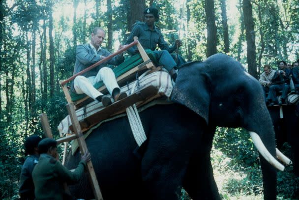 PHOTO: Prince Philip, Duke of Edinburgh rides an elephant in the Kanha Game Reserve in India, on Nov. 21, 1983. He is going to inspect tigers in a reserve sponsored by the World Wildlife Fund. (Tim Graham Photo Library via Getty Images, FILE)