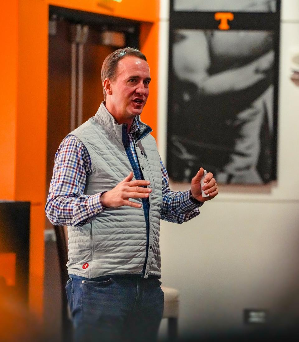 Former Tennessee quarterback Peyton Manning talks to the Vols football team during a visit to campus on March 20, 2024.