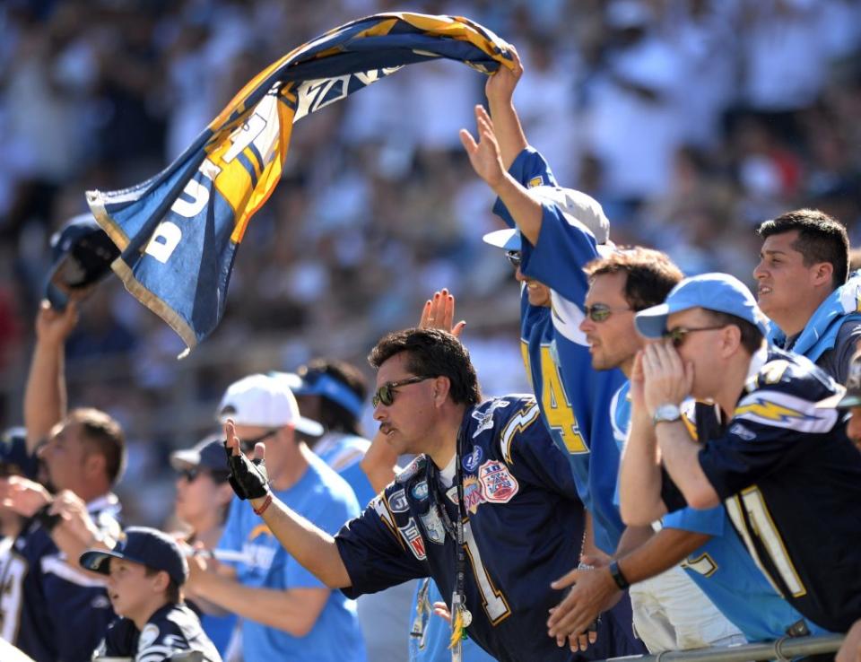 Sep 18, 2016; San Diego, CA, USA; San Diego Chargers fan scheer during the third quarter against the Jacksonville Jaguars at Qualcomm Stadium. Mandatory Credit: Jake Roth-USA TODAY Sports