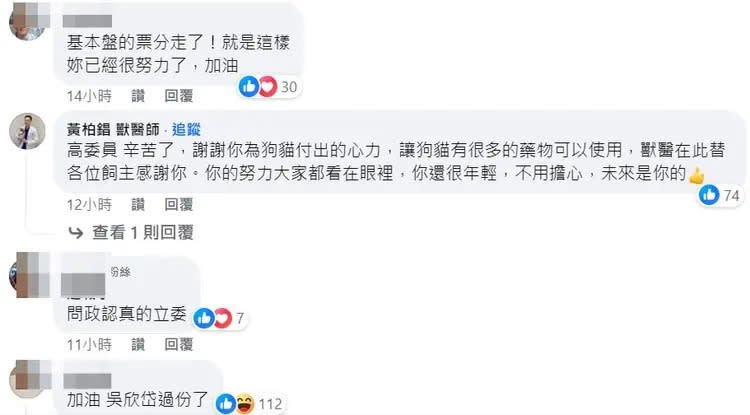 支持者湧入高嘉瑜臉書安慰她，認為她的票被吳欣岱瓜分了。翻攝自高嘉瑜臉書