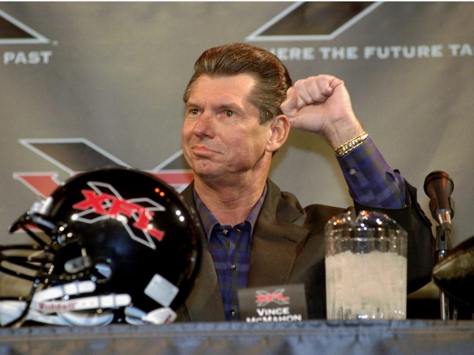 World Wrestling Federation chairman Vince McMahon speaks to the media to announce the creation of the XFL, a new professional football league in 2000.