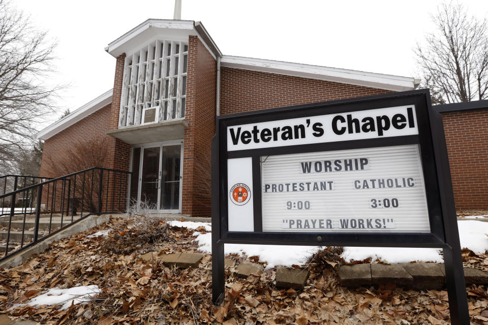 FILE - In this March 12, 2019 file photo, the Veteran's Chapel sits closed on the Veterans Affairs campus, in Knoxville, Iowa. After watching for more than a decade as a once busy Veterans Affairs campus deteriorated into a sprawling ghost town, leaders of a small Iowa city announced plans to take control of the property and likely demolish most of the structures. City and county officials signed documents Wednesday, Jan. 15, 2020, taking ownership of the 153-acre property. (AP Photo/Charlie Neibergall, File)