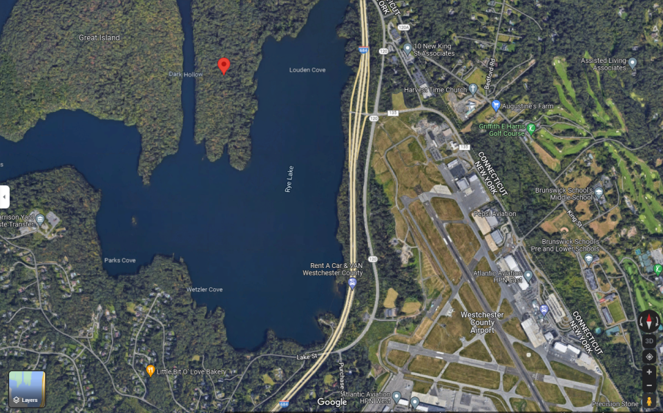 The location of single-engine plane crash near Westchester County Airport on Thursday, Jan. 19, 2023. Officials said the plane was located in a deeply wooded area near north of the airport just before 11 p.m., after hundreds of first responders searched for hours.