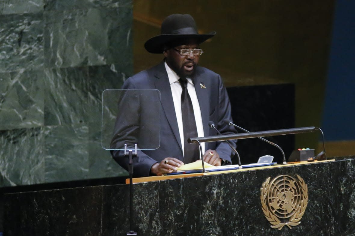 NEW YORK, NY – SEPTEMBER 27: Salva Kiir President of the Republic of South Sudan speaks at the 69th United Nations General Assembly on September 27, 2014 in New York City. The annual event brings political leaders from around the globe together to report on issues meet and look for solutions. (Photo by Kena Betancur/Getty Images)