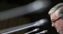 European Commissioner for Security Union Julian King speaks during a media conference for the Presidency press release on member states' report on EU coordinated risk assessment of 5G network security at the European Council building in Brussels, Wednesday, Oct. 9, 2019. (AP Photo/Virginia Mayo)