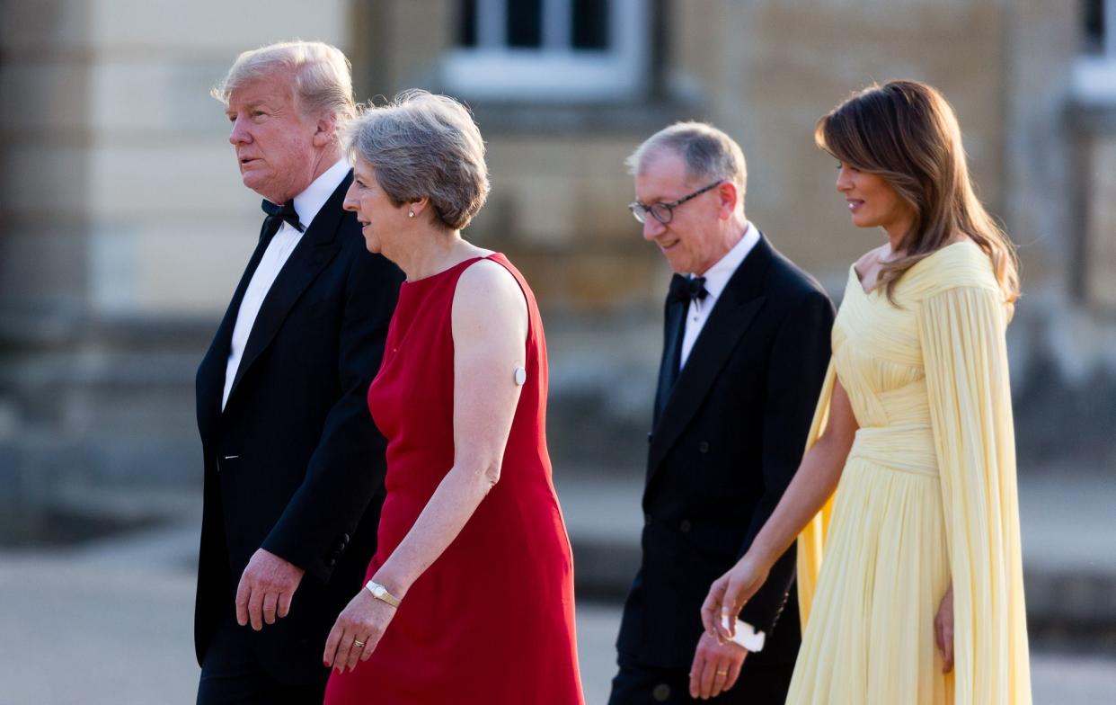 Theresa May greets Donald Trump with the diabetes patch visible on her arm (Rex)