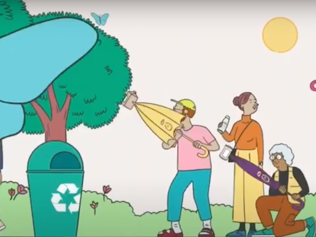 Innocent Drinks advert shows people ‘fixing up the planet’ using umbrellas bearing its logo (screengrab)