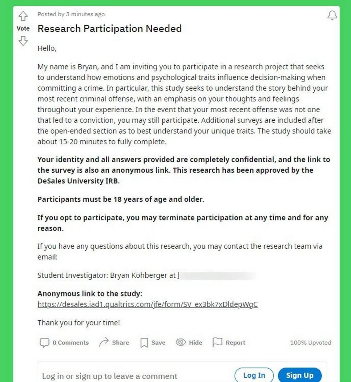 A Reddit post by a user who identified himself as Bryan C. Kohberger solicits participation in a research project about criminal behavior. Kohberger was then a student pursuing a master’s degree at DeSales University in Allentown, Pennsylvania. He graduated in May and went on to pursue a Ph.D. in criminology at Washington State University in the fall 2022 semester.