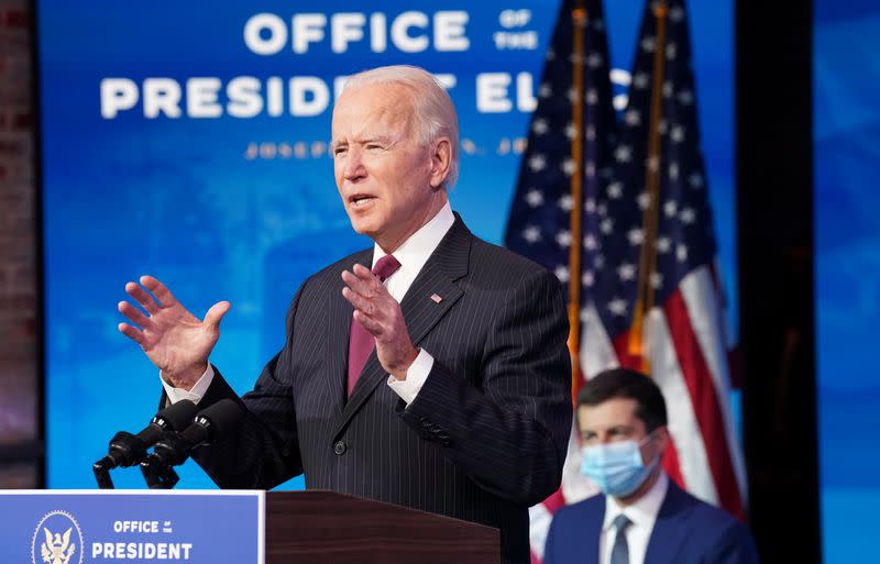 U.S. President-elect Joe Biden announces transportation secretary nominee Buttigieg at his transition headquarters in Wilmington, Delaware