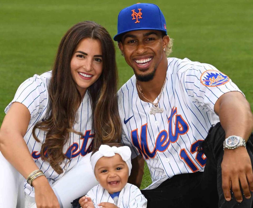 Katia Reguero Instagram Francisco Lindor and Katia Reguero with their daughter Kalina on the baseball pitch.