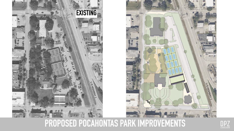 In this image produced by DPZ CoDesign Feb. 7, 2024, Vero Beach planning consultants, Pocahontas Park as it exists in 2024 is shown at left. DPZ proposes changes to the park, right. They would include eliminating a small parking area and moving shuffleboard courts north, adjacent to more pickleball courts, and creating a pathway into and through the park.