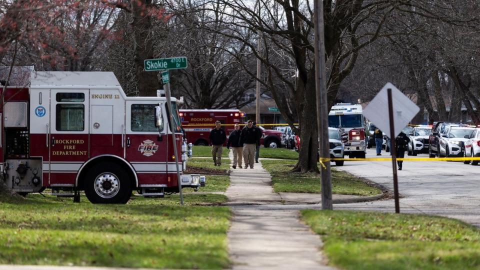 PHOTO: Police stand in the street after a stabbing incident on Cleveland Avenue on March 27, 2024, in Rockford Ill. (Kara Hawley/Rockford Register St via USA Today Network)