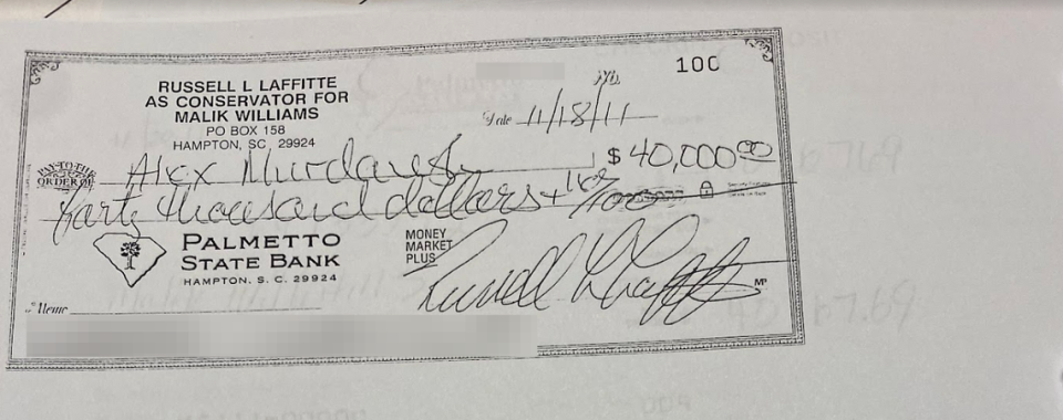 Check from the conservator account for Malik Williams, signed by then Palmetto State Bank CEO Rusell Laffitte, for a $40,000 loan to Alex Murdaugh. The loan is unsecured, without collateral, and does not list a reason.