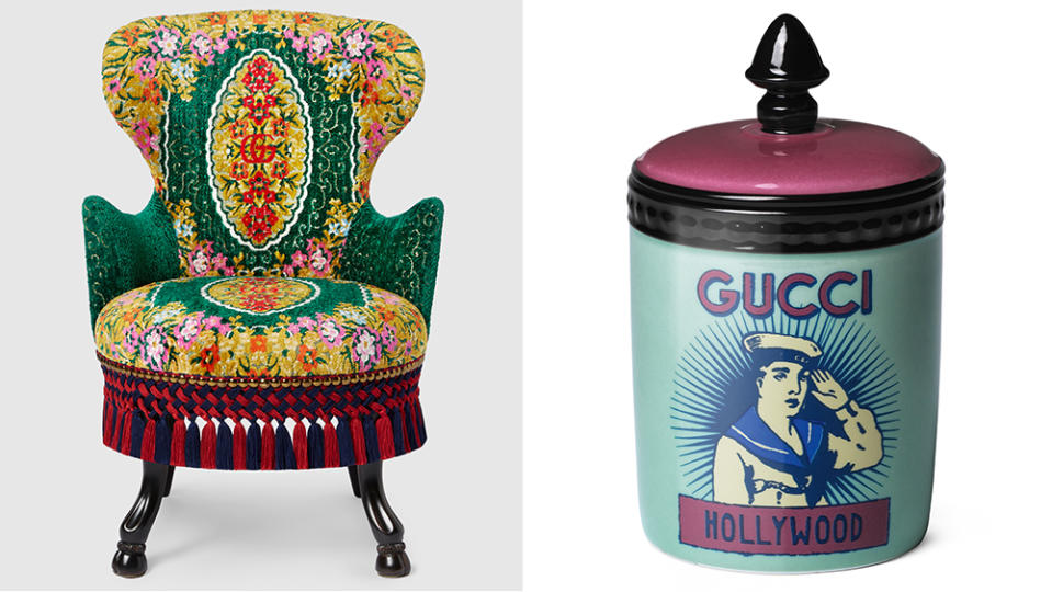 A chair with the embroidered GG monogram from the collection (left) and a porcelain canister (right) - Credit: Gucci