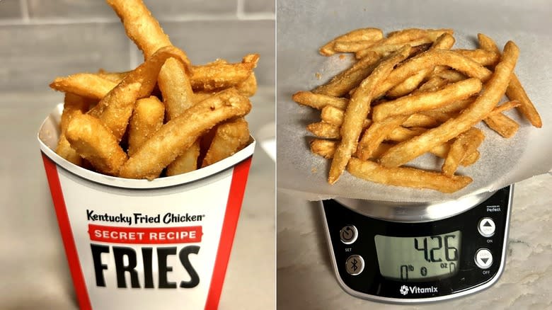KFC fries in container next to fries on food scale