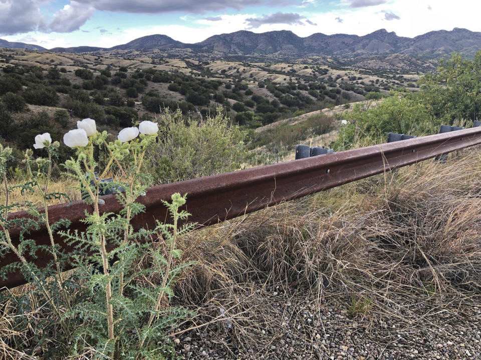 FILE - This file photo taken Monday, May 12, 2019, off Arizona scenic state Highway 83 shows the eastern slope of the Santa Rita Mountains where Canadian firm Hudbay Minerals Inc. plans an open pit copper mine. A federal judge has overturned the U.S. Forest Service's approval of a Canadian company's planned new copper mine in southeastern Arizona. The judge ruled, Wednesday, Aug. 1 2019, the agency improperly evaluated and considered water use issues associated with the Rosemont Mine planned in the Santa Rita Mountains on part of the Coronado National Forest. (AP Photo/Anita Snow,File)