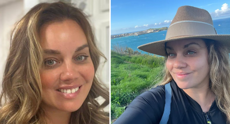Left, Sarah Healey who died while delivering a eulogy at her father-in-law's funeral smiles to camera. Right, she smiles while taking a selfie with the ocean behind her while wearing a sun hat.