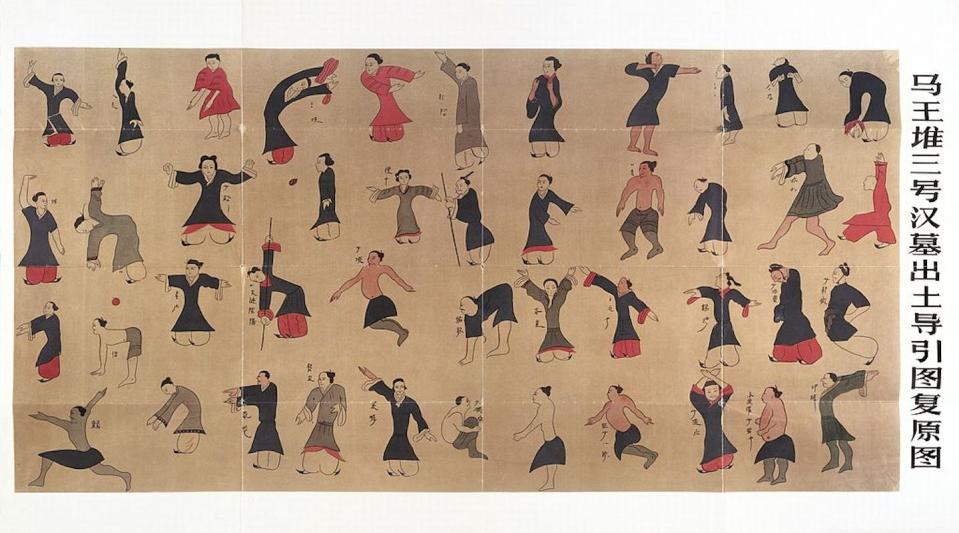 Reconstruction of a silk painting from the second century B.C.E showing early ritualized bodily postures, excavated at Mawangdui, Hunan Province, China. <a href="https://wellcomecollection.org/works/rrb7c7cm?wellcomeImagesUrl=/indexplus/image/L0036007.html" rel="nofollow noopener" target="_blank" data-ylk="slk:Wellcome Images, a website operated by Wellcome Trust, a global charitable foundation based in the United Kingdom.;elm:context_link;itc:0;sec:content-canvas" class="link ">Wellcome Images, a website operated by Wellcome Trust, a global charitable foundation based in the United Kingdom.</a>, <a href="http://creativecommons.org/licenses/by-sa/4.0/" rel="nofollow noopener" target="_blank" data-ylk="slk:CC BY-SA;elm:context_link;itc:0;sec:content-canvas" class="link ">CC BY-SA</a>