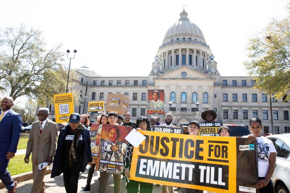 Family of slain civil rights figure Emmett Till, state representatives and acitvists march from the Mississippi State Capitol to the SIllers building to submit a petition to MS Attorney General Lynn Fitch on Friday afternoon. The petition, signed by several hundred thousand individuals, asks for an investigation into Carolyn Bryant Donham and her alledged association with Till’s murder in August of 1955. Friday, March 11, 2022 in Jackson, MS.

Emmett Till Justice Petition