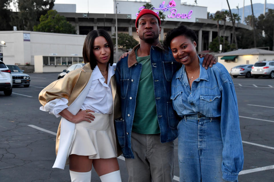 PASADENA, CA - MAY 18: Jurnee Smollett, Jonathan Majors and Misha Green attend the HBO Max FYC Drive-In for 