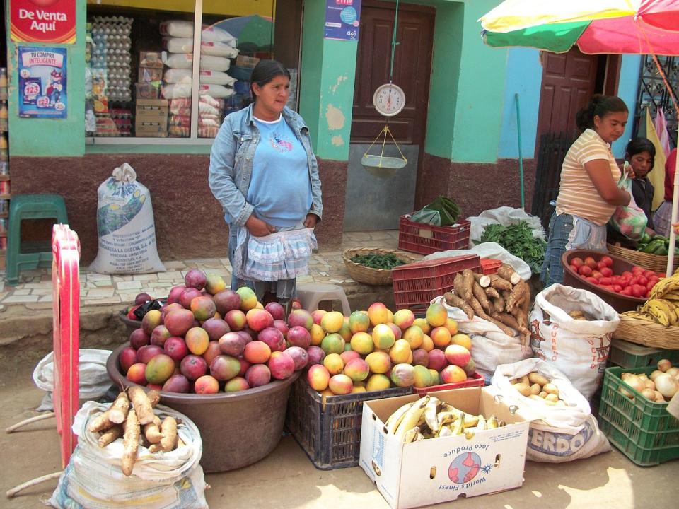 Indígenas de la etnia Lenca vendiendo frutas en un mercado en La Esperanza, Honduras. (Crédito imagen Wikipedia).