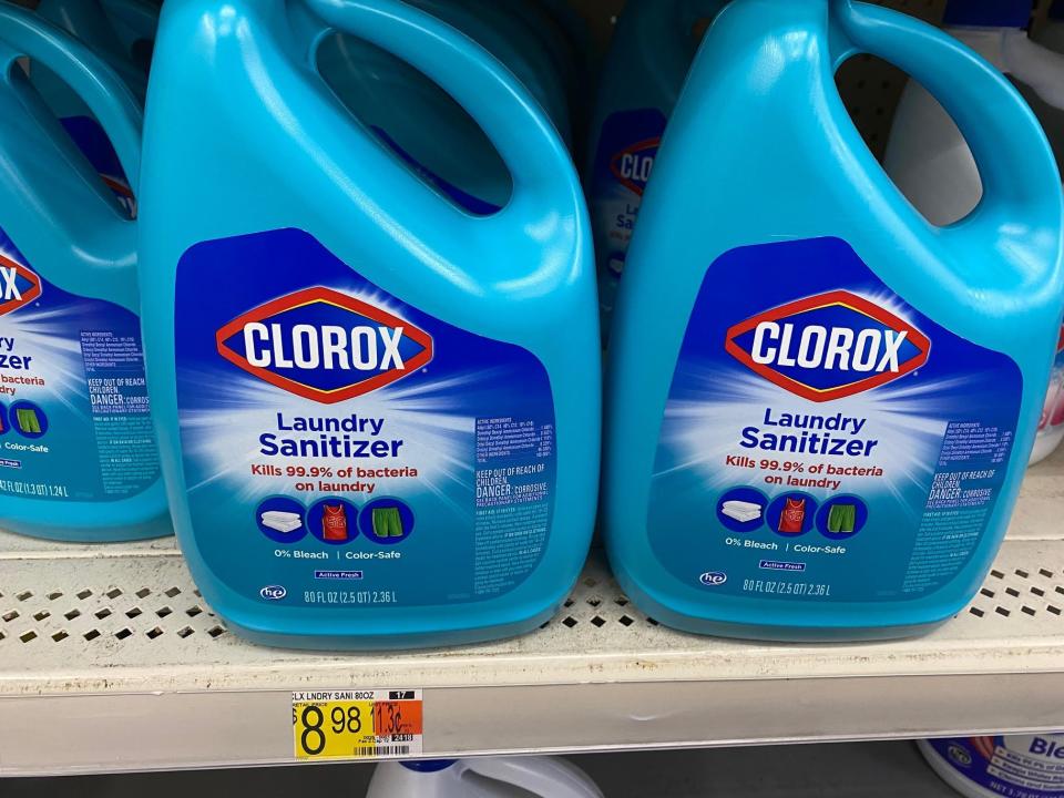 bottles of clorox laundry sanitizer on the shelves at walmart