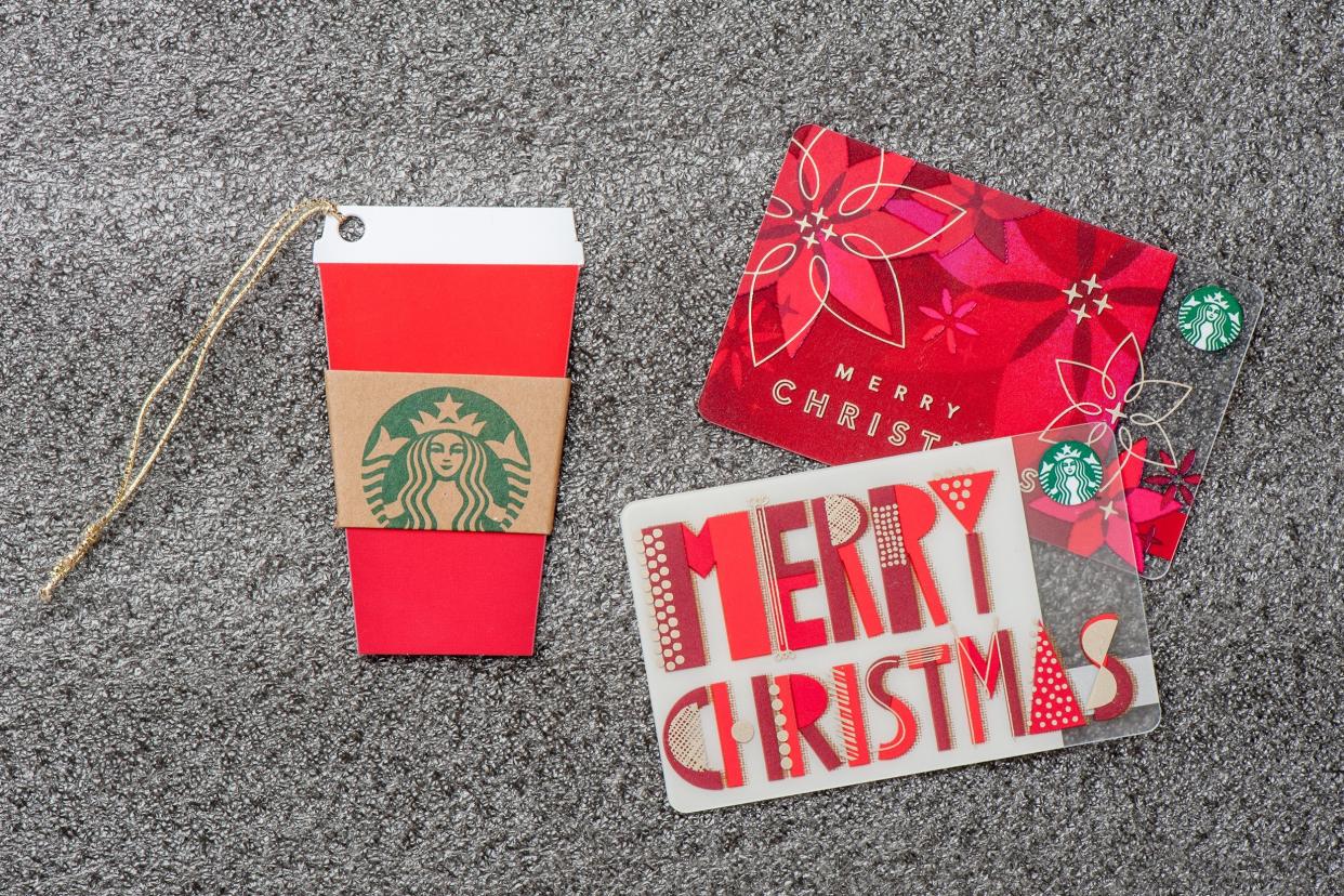three Starbucks Christmas gift cards