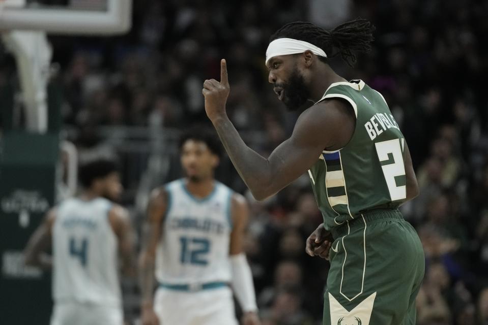 Milwaukee Bucks Patrick Beverley reacts after making a shot during the second half of an NBA basketball game against the Charlotte Hornets Friday, Feb. 9, 2024, in Milwaukee. (AP Photo/Morry Gash)