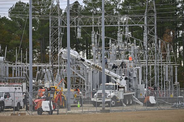 PHOTO: A view of the substation while work is in progress as tens of thousands are without power on Moore County after an attack at two substations by Duke Electric were shot at in Carthage N.C., Dec. 5, 2022. (Anadolu Agency via Getty Images)
