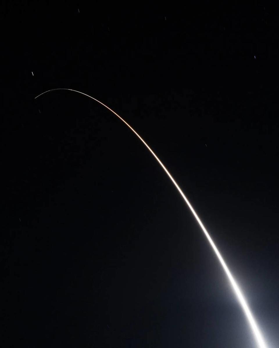 An unarmed Minuteman III missile streaks through the sky on Wednesday, April 19, 2023, after liftoff from Vandenberg Space Force Base