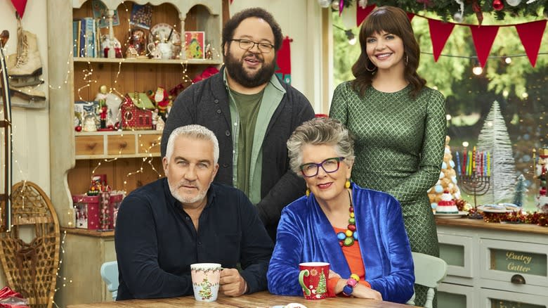 Paul Hollywood, Prue Leith, Casey Wilson, and Zach Cherry smiling