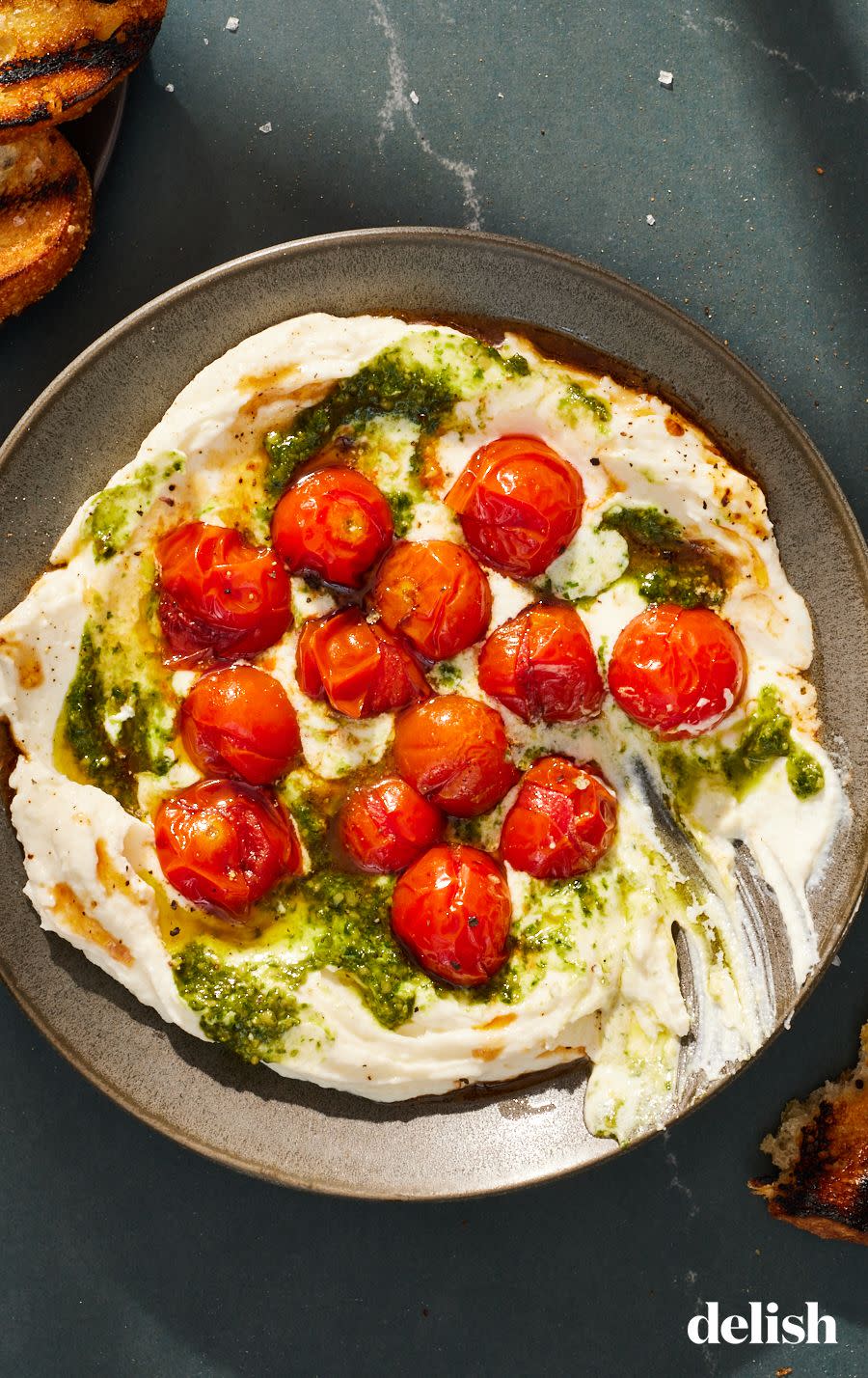 whipped mozzarella with burst cherry tomatoes