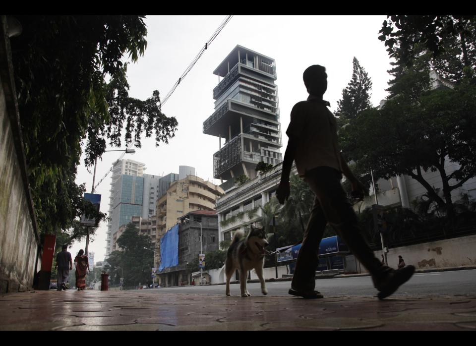 The house of Indian businessman Mukesh Ambani, Chairman of Reliance Industries, is seen October 23, 2010 in Mumbai, India. The 27-story house allegedly cost over one billion USD to be built. 