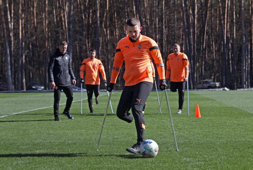 Kyiv, Ukraine-Members of the Shakhtar football club team for amputee veterans.