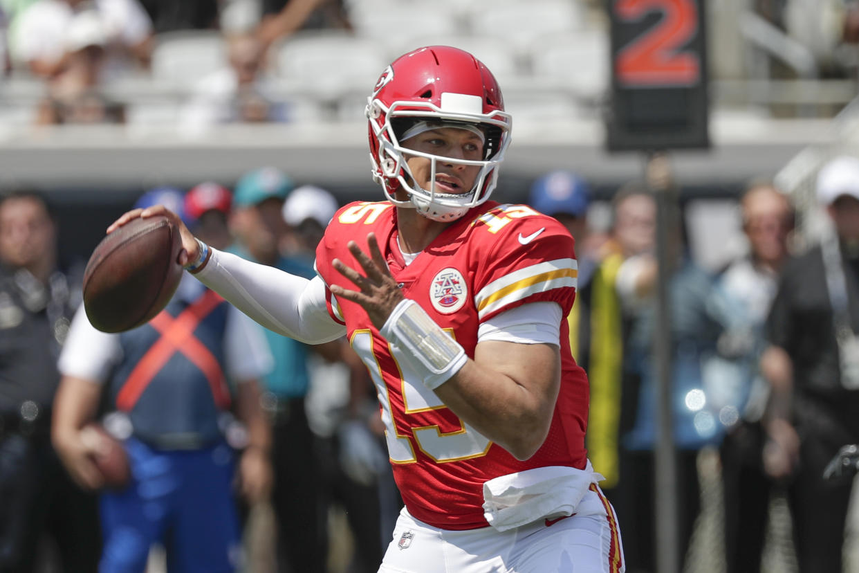 It didn't take long for Kansas City Chiefs quarterback Patrick Mahomes to throw his first touchdown pass of the season. (AP)