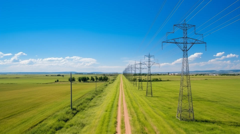 Aerial view of well-maintained overhead power lines stretching along a rural landscape.