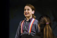 Ember Bradley performs in a scene from “The Bullying Collection” at Wheatland High School in Wheatland, Wyoming on Friday, Jan. 12, 2024. School officials canceled the middle school play in part because it mentioned a gay character. The anti-bullying play was nonetheless performed under private sponsorship. (AP Photo/Thomas Peipert)