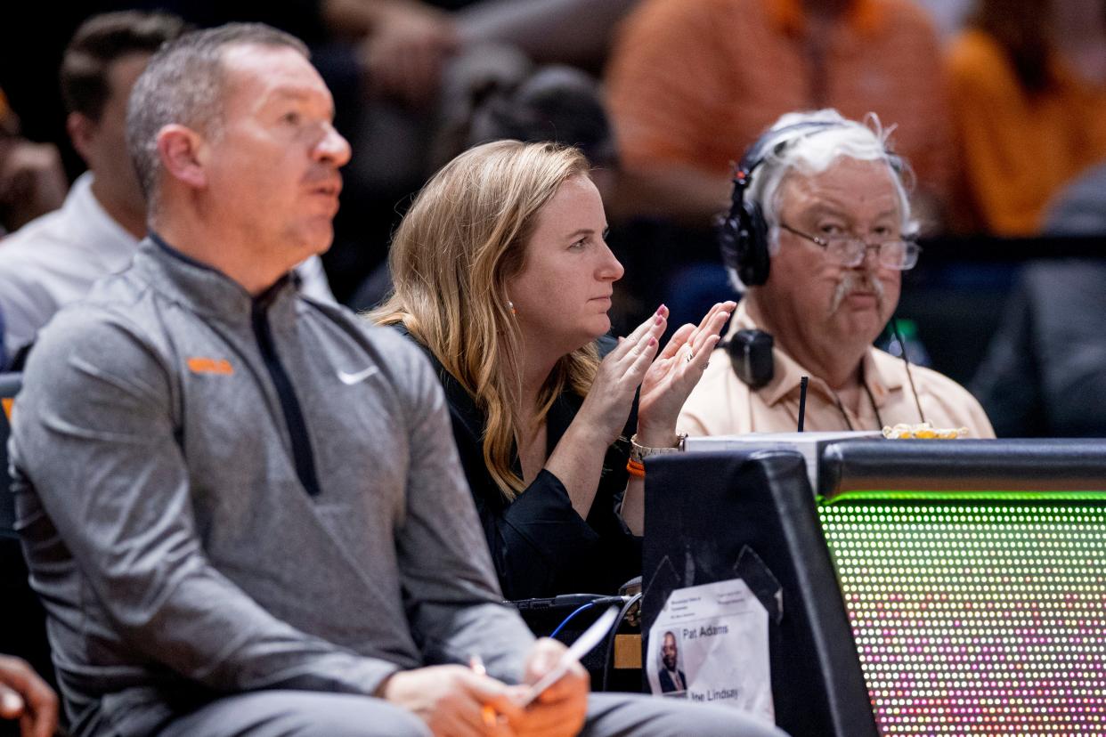 Tennessee director of basketball operations Mary-Carter Eggert cheers on the Vols during their game against Mississippi State in January 2023 at Thompson-Boling Arena at Food City Center.