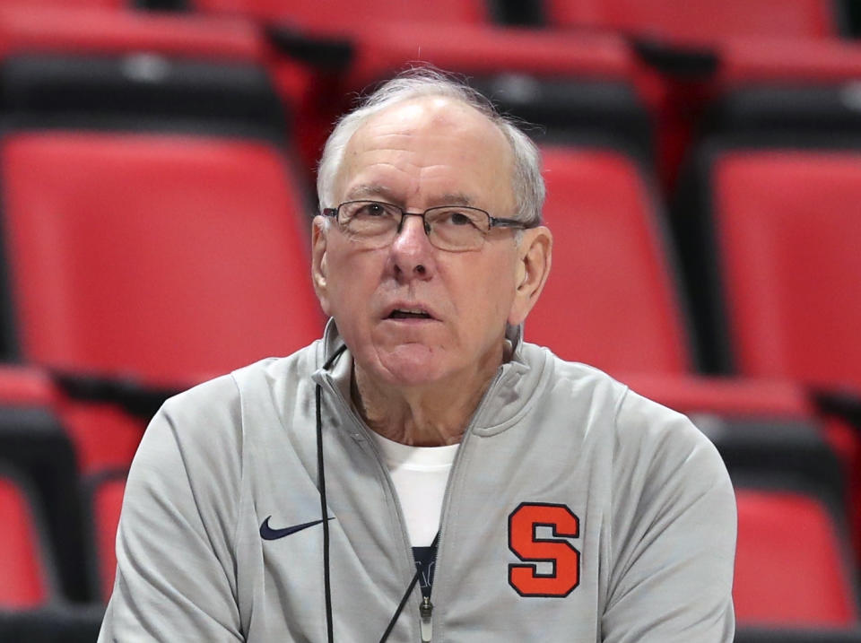 FILE - In this March 15, 2018, file photo, Syracuse head coach Jim Boeheim watches during a practice for an NCAA men's college basketball tournament first-round game, in Detroit. Police say Syracuse men's basketball coach Jim Boeheim struck and killed a 51-year-old man walking outside his vehicle on a highway near Syracuse, N.Y., Wednesday, Feb. 20, 2019. (AP Photo/Carlos Osorio, File)